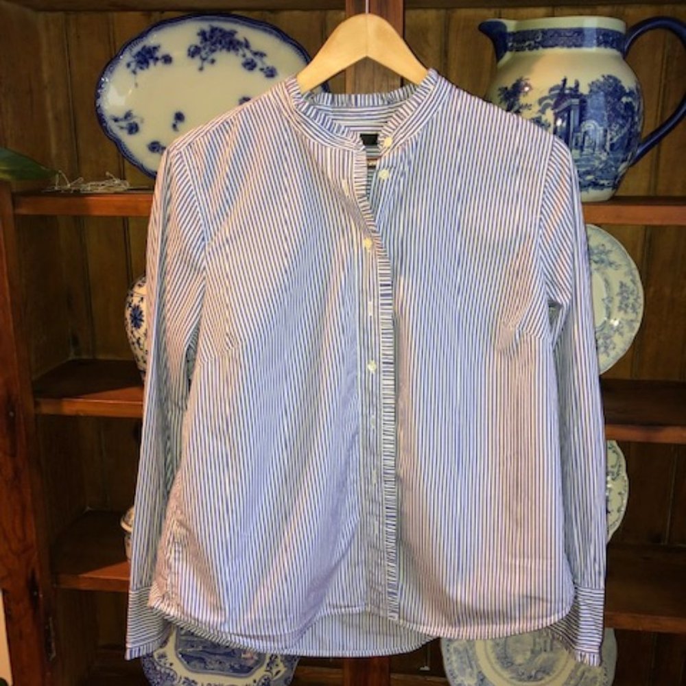 J Crew Blue and White Striped Blouse with Ruffle Trim